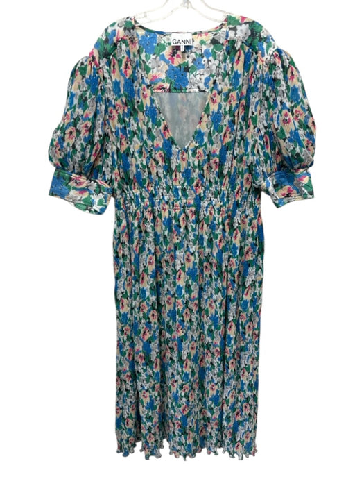 Ganni Size 42 Green & Multi Polyester V Neck Accordion Bow 1/2 sleeve Dress Green & Multi / 42