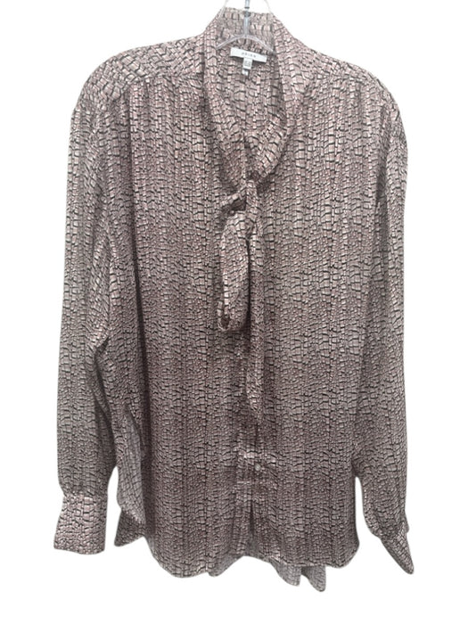 Reiss Size 10 Pink & Multi Poly Blend Button Front Tie Neck Long Sleeve Top Pink & Multi / 10