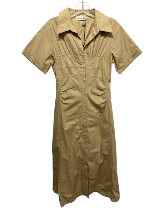 Nicholas Size 4 Khaki Cotton Button Front Short Sleeve Collared Maxi Dress Khaki / 4