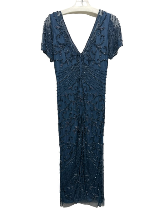 Pisarro Nights Size 12 Blue Rayon Zip Back Beaded V Neck short sleeve Dress Blue / 12