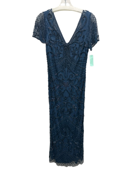 Pisarro Nights Size 12 Blue Rayon Zip Back Beaded V Neck short sleeve Dress Blue / 12