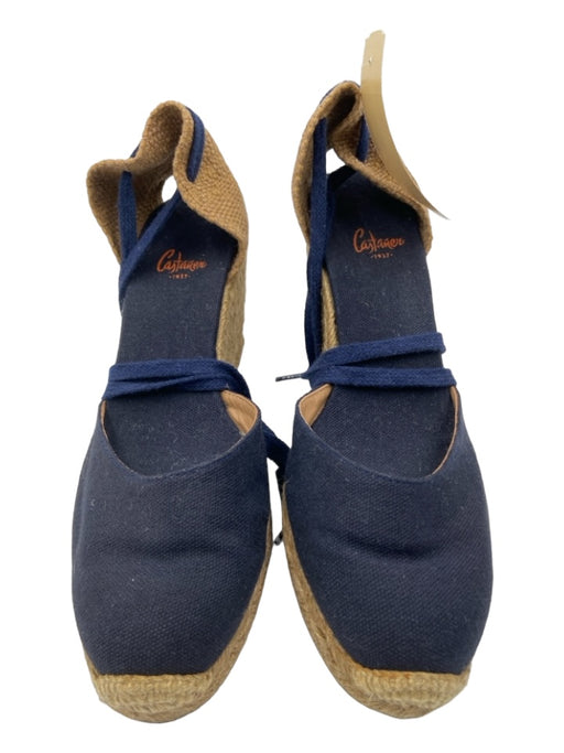 Castaner Shoe Size 38 Navy & Beige Canvas Raffia Ankle Tie Round Toe Wedges Navy & Beige / 38