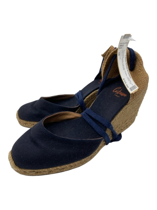 Castaner Shoe Size 38 Navy & Beige Canvas Raffia Ankle Tie Round Toe Wedges Navy & Beige / 38