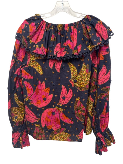 Farm Rio Size XS Navy Blue, Pink, Yellow Cotton Long Sleeve Floral Ruffle Top Navy Blue, Pink, Yellow / XS