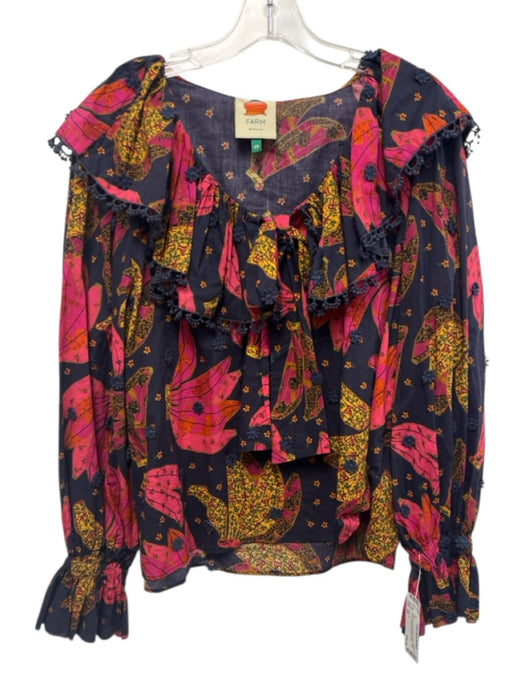Farm Rio Size XS Navy Blue, Pink, Yellow Cotton Long Sleeve Floral Ruffle Top Navy Blue, Pink, Yellow / XS