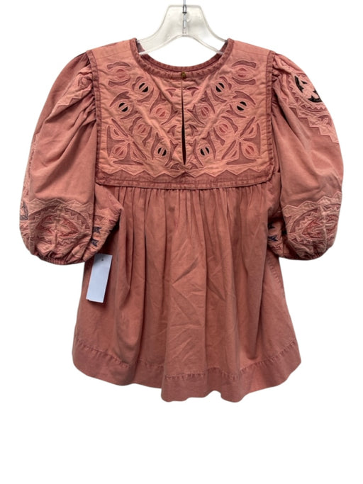 Ulla Johnson Size 4 Red & Blue Cotton Short Puff Sleeve Embroidered Gathered Top Red & Blue / 4