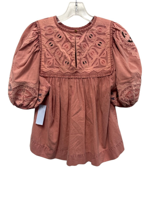 Ulla Johnson Size 4 Red & Blue Cotton Short Puff Sleeve Embroidered Gathered Top Red & Blue / 4