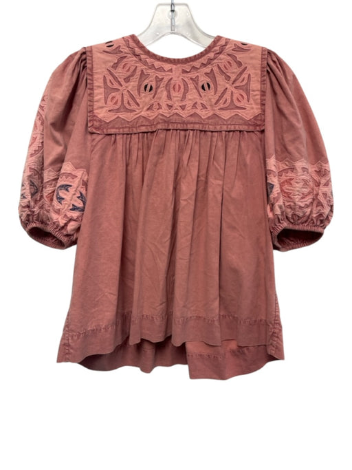 Ulla Johnson Size 4 Red & Blue Cotton Short Puff Sleeve Embroidered Gathered Top Red & Blue / 4