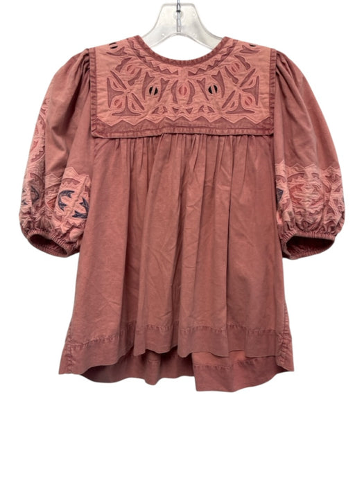 Ulla Johnson Size 4 Red & Blue Cotton Short Puff Sleeve Embroidered Gathered Top Red & Blue / 4