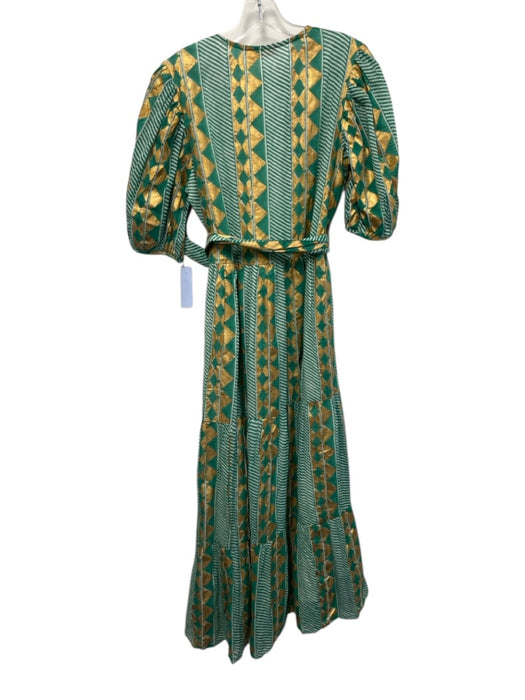 Oliphant Size Small Green, White, Gold Cotton Half Sleeve Geometric Print Dress Green, White, Gold / Small