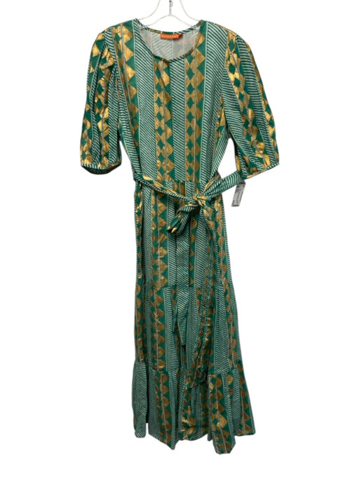 Oliphant Size Small Green, White, Gold Cotton Half Sleeve Geometric Print Dress Green, White, Gold / Small