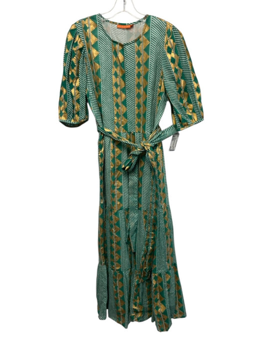 Oliphant Size Small Green, White, Gold Cotton Half Sleeve Geometric Print Dress Green, White, Gold / Small