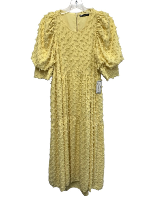 Zara Size Small Yellow Polyester Long puff sleeve Fringe Midi Dress Yellow / Small