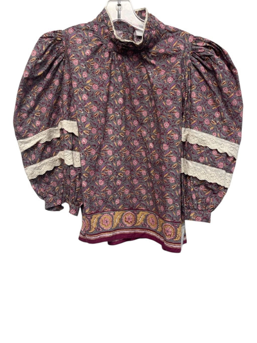 Hunter Bell Size XS Gray, Pink, Purple Cotton Long puff sleeve Floral Top Gray, Pink, Purple / XS