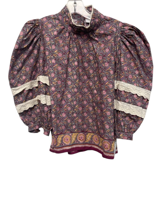 Hunter Bell Size XS Gray, Pink, Purple Cotton Long puff sleeve Floral Top Gray, Pink, Purple / XS