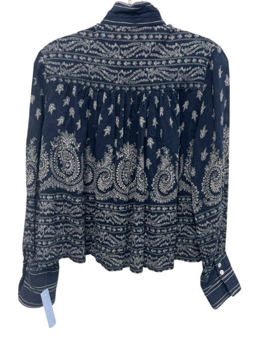 Sea New York Size 2 Navy Blue & White Viscose Long Sleeve Floral Tie Neck Top Navy Blue & White / 2