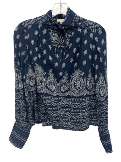Sea New York Size 2 Navy Blue & White Viscose Long Sleeve Floral Tie Neck Top Navy Blue & White / 2