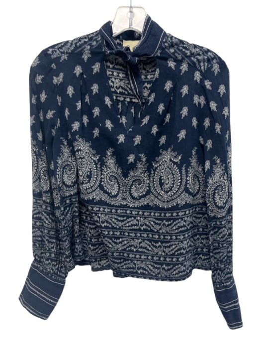 Sea New York Size 2 Navy Blue & White Viscose Long Sleeve Floral Tie Neck Top Navy Blue & White / 2