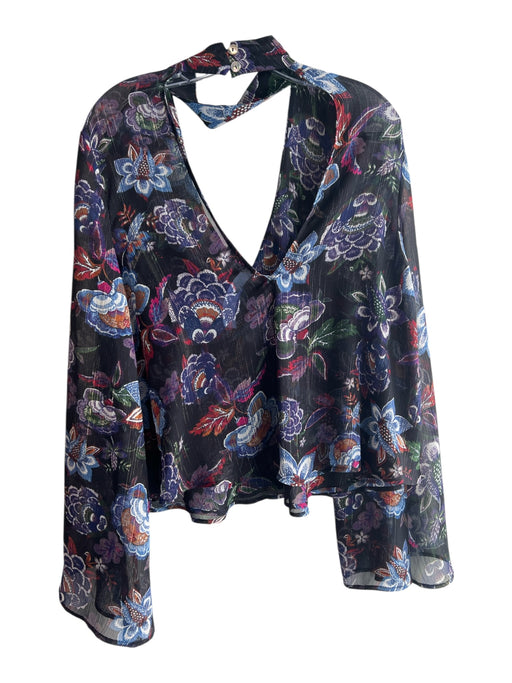 Mumu Size Medium Dark Purple & Multi No Fabric Tag Semi Sheer V Neck & Back Top Dark Purple & Multi / Medium