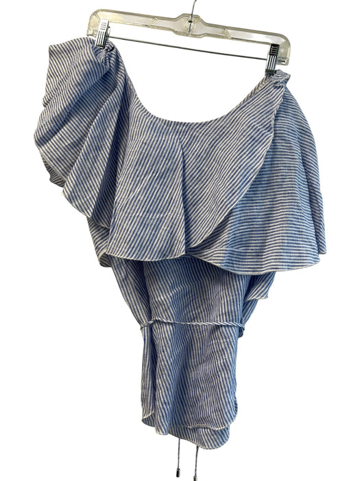 Karina Grimaldi Size Medium Blue & White Linen Striped One Shoulder Tiered Top Blue & White / Medium