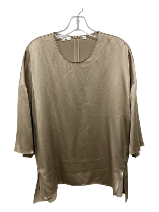 Vince Size Large Taupe Silk Half Sleeve Shimmer Side Slit Top Taupe / Large