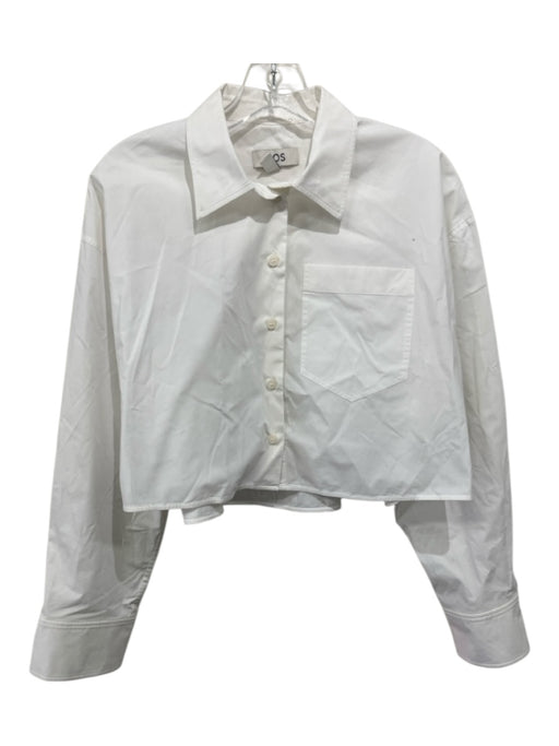 COS Size 8 White Cotton Blend Long Sleeve Button Front Patch Pocket Collar Top White / 8