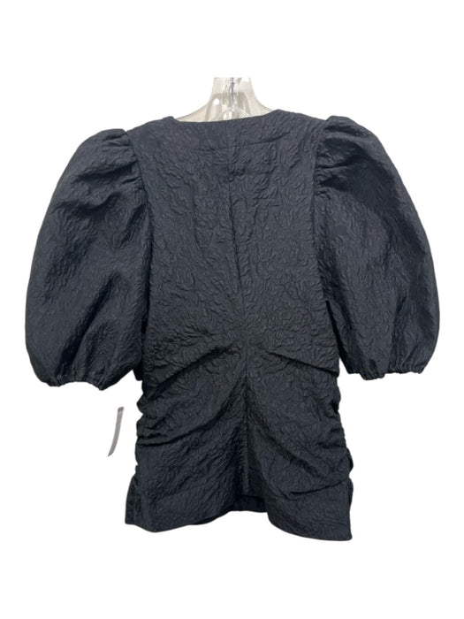 Ganni Size 40 Black Polyester Blend Half Puff Sleeve Textured Button Front Top Black / 40