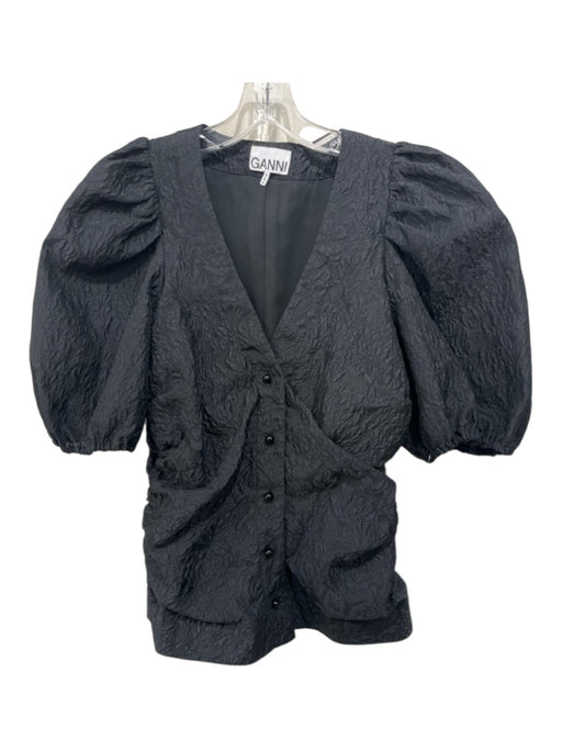 Ganni Size 40 Black Polyester Blend Half Puff Sleeve Textured Button Front Top Black / 40