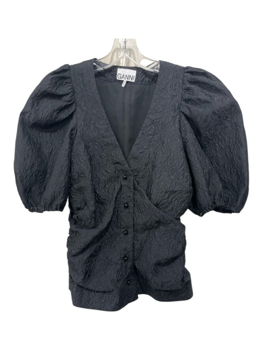Ganni Size 40 Black Polyester Blend Half Puff Sleeve Textured Button Front Top Black / 40