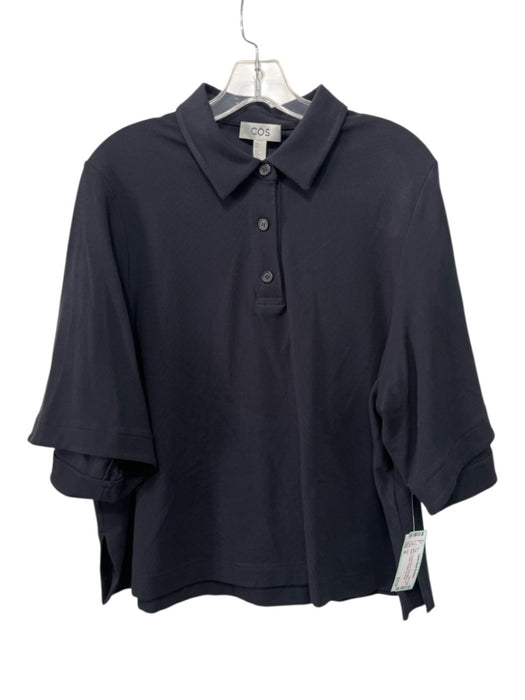 COS Size M Black Viscose Blend Short Sleeve 1/4 Button Collar Oversize Top Black / M