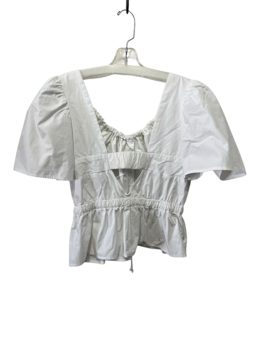 Ciao Lucia Size L White Cotton Short Balloon Sleeve Elastic Back V Neck Top White / L