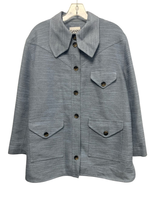 Ganni Size 40 Light Blue Polyester Blend Collared Button Front Textured Coat Light Blue / 40