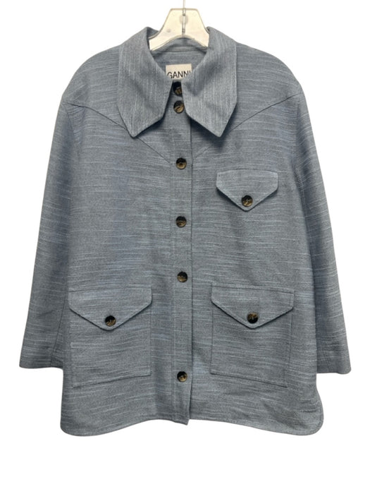 Ganni Size 40 Light Blue Polyester Blend Collared Button Front Textured Coat Light Blue / 40