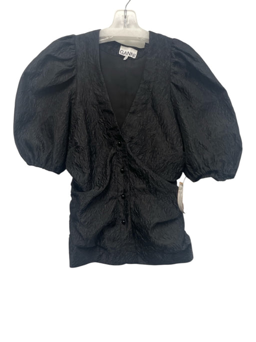 Ganni Size 40 Black Polyester Blend 1/2 Puff Sleeve Brocade Button Front Top Black / 40