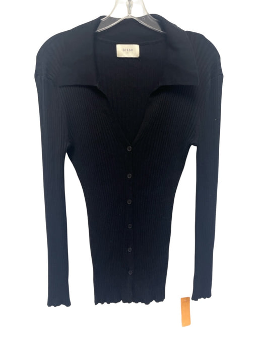 Dissh Size Large Black Viscose Blend Long Sleeve Ribbed Button Front Collar Top Black / Large