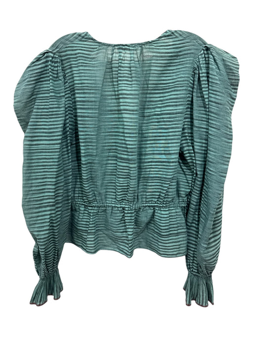 Ulla Johnson Size 12 Teal Green Cotton & Silk Tie Detail V Neck Cinched Top Teal Green / 12