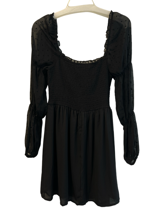 allison & kelly Size S Black Polyester Smocked Polka Dot Sheer Sleeve Mini Dress Black / S