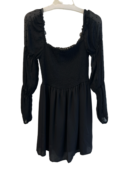 allison & kelly Size S Black Polyester Smocked Polka Dot Sheer Sleeve Mini Dress Black / S