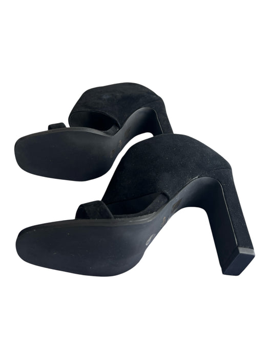 42 Gold Shoe Size 7.5 Black Leather Upper Suede Double Strap Square Toe Heels Black / 7.5