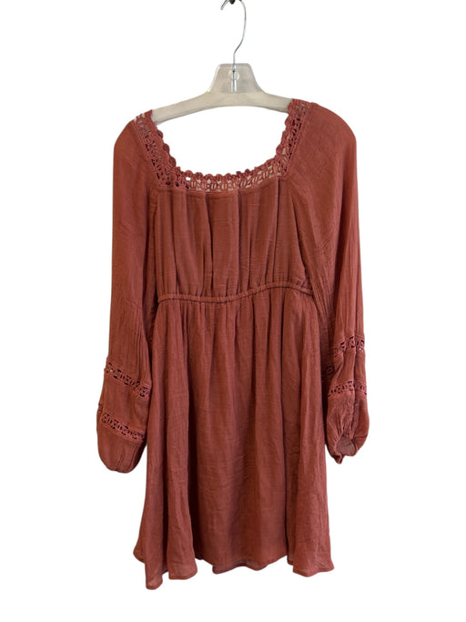 Entro Size Small Rust Rayon Square Neck Long Sleeve Elastic Waist Dress Rust / Small