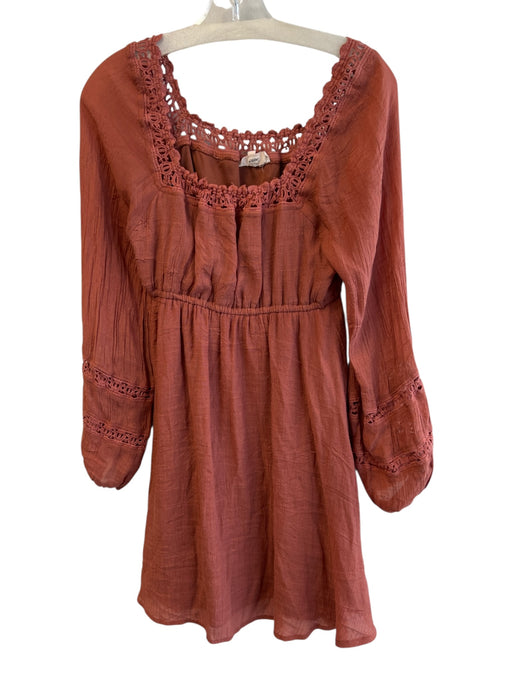 Entro Size Small Rust Rayon Square Neck Long Sleeve Elastic Waist Dress Rust / Small
