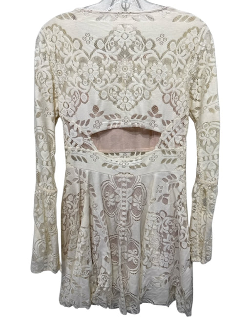 Free People Size 6 Cream Nylon Lace Overlay Floral Lined Skater Dress Cream / 6