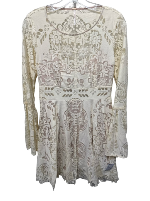 Free People Size 6 Cream Nylon Lace Overlay Floral Lined Skater Dress Cream / 6