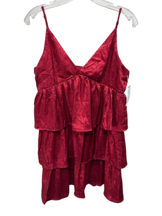 TCEC Size M Red Polyester Metallic Tiered V Neck Mini Dress Red / M