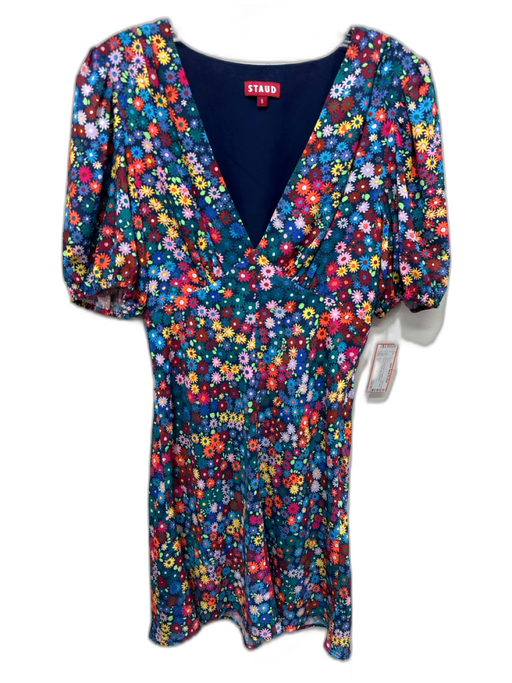 Staud Size 6 navy blue & multi Polyester Floral Short Sleeve V Neck Mini Dress navy blue & multi / 6