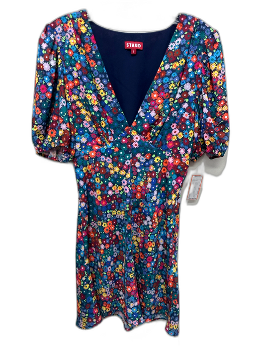 Staud Size 6 navy blue & multi Polyester Floral Short Sleeve V Neck Mini Dress navy blue & multi / 6