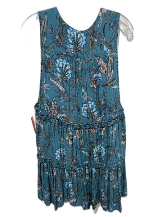 Free People Size L Teal Blue Polyester Botanical Print Sleeveless V Neck Dress Teal Blue / L