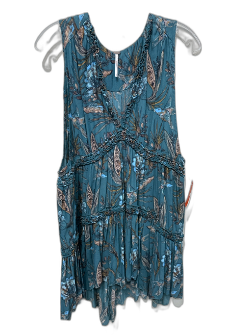 Free People Size L Teal Blue Polyester Botanical Print Sleeveless V Neck Dress Teal Blue / L