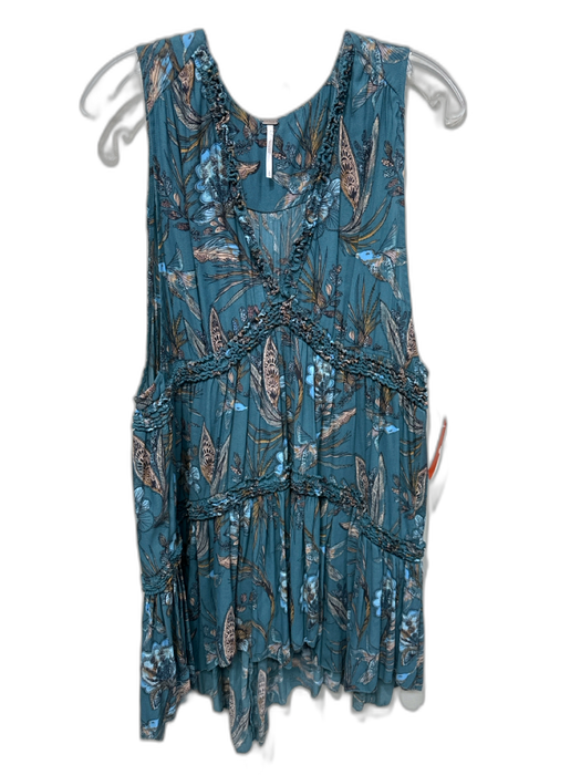 Free People Size L Teal Blue Polyester Botanical Print Sleeveless V Neck Dress Teal Blue / L