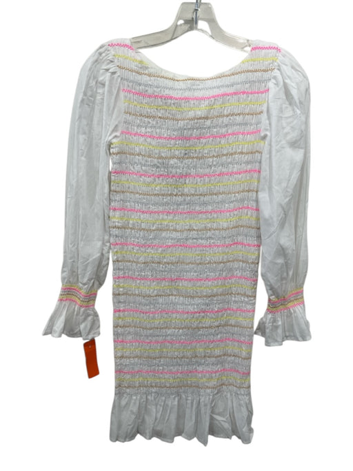 Pitusa Size Petite White & Multi Cotton Striped smocked Ruffle Dress White & Multi / Petite